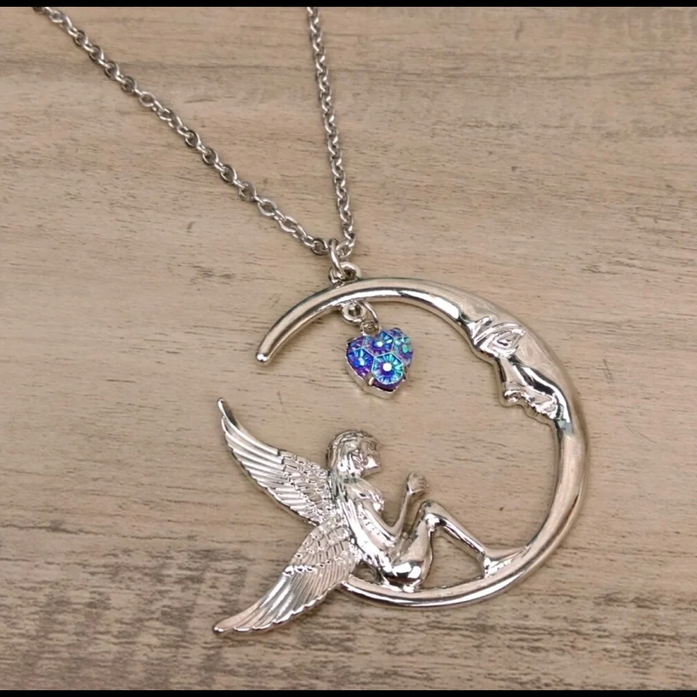 New! Large Fairy Moon Rhinestone Pendant USA 🇺🇸 made Silver Necklace - Picture 2 of 3